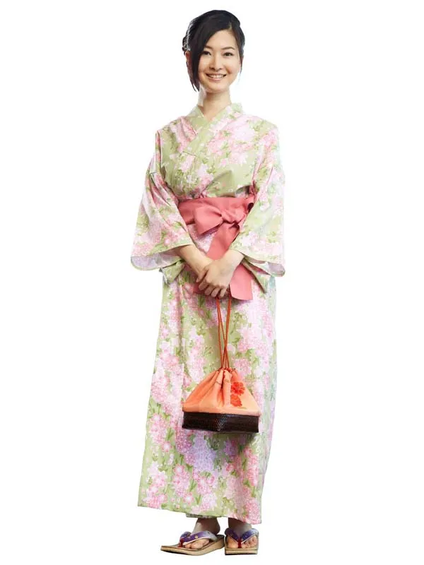 YUKATA with sash belt. made in Japan. Midori Yukata "Green Cherry Blossoms / 黄緑桜"