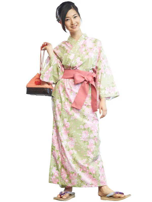 YUKATA with sash belt. made in Japan. Midori Yukata "Green Cherry Blossoms / 黄緑桜"