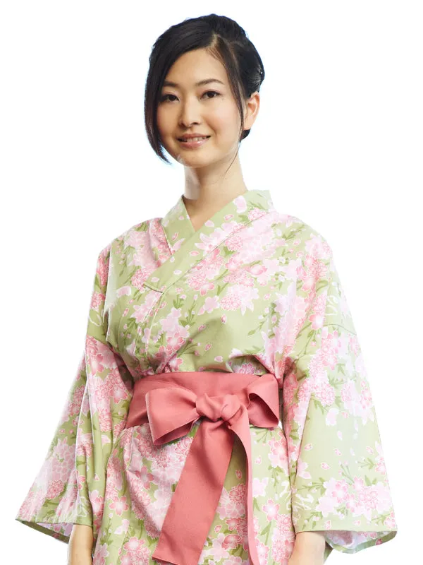 YUKATA with sash belt. made in Japan. Midori Yukata "Green Cherry Blossoms / 黄緑桜"